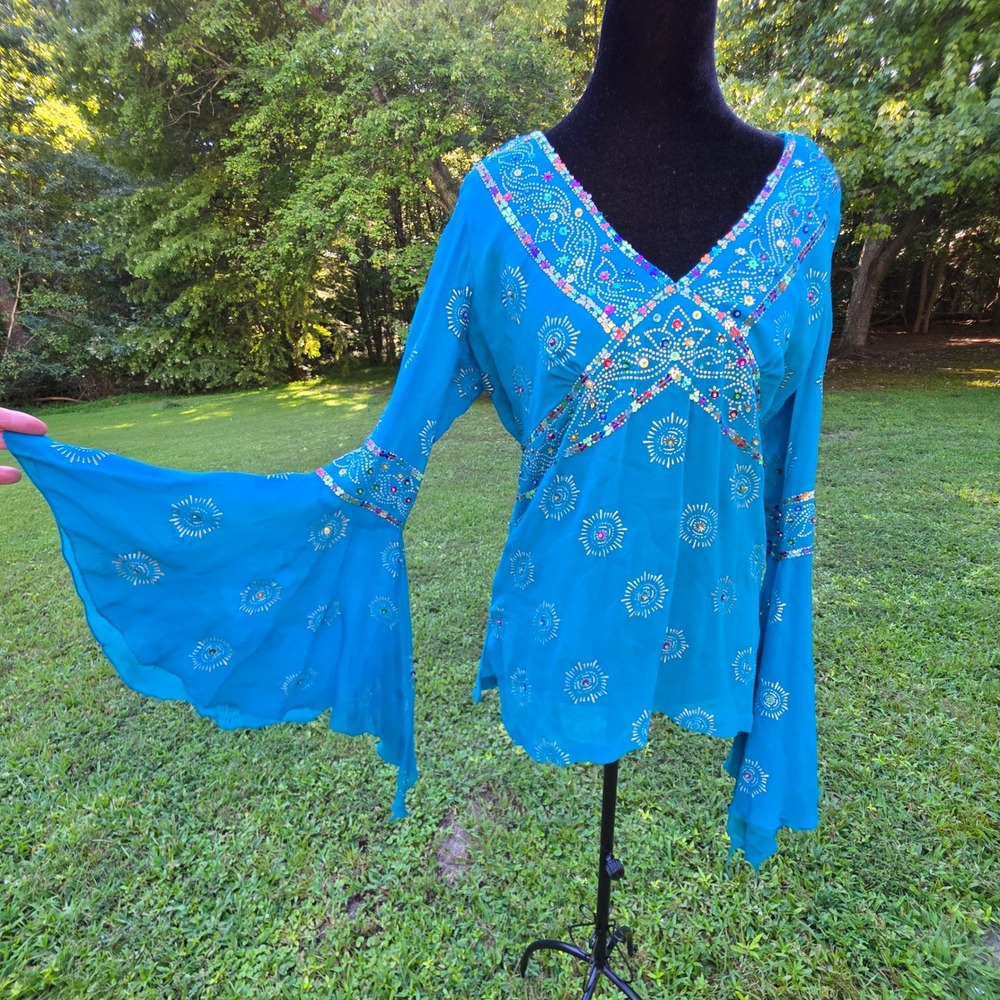 TASHIA LONDON Women's L Blue Silk Sequin Bell Sleeve Blouse Boho Whimsigoth